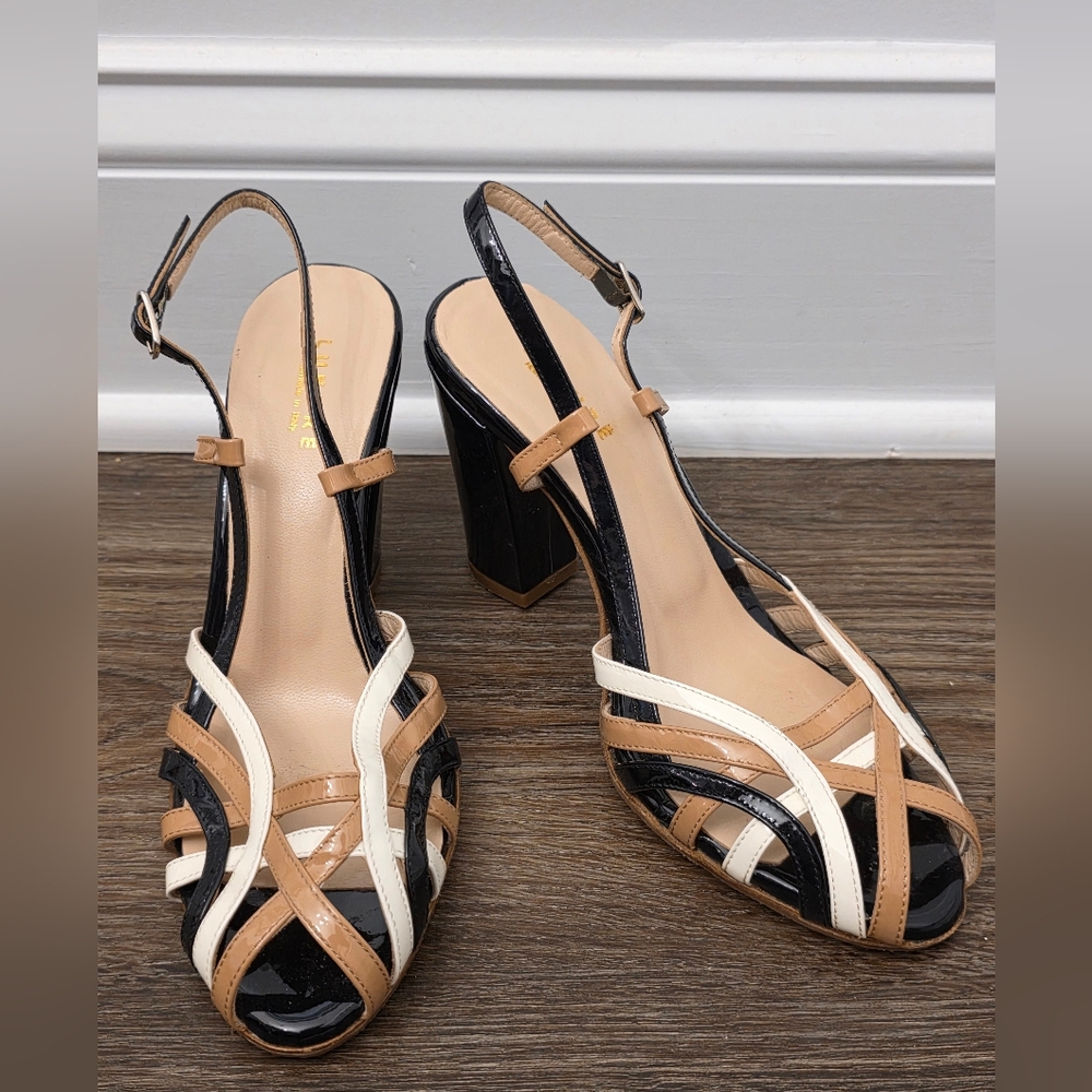 Lukurë Patent Leather Peep Toe Slingback Heels Size 35.5 Handmade In Italy